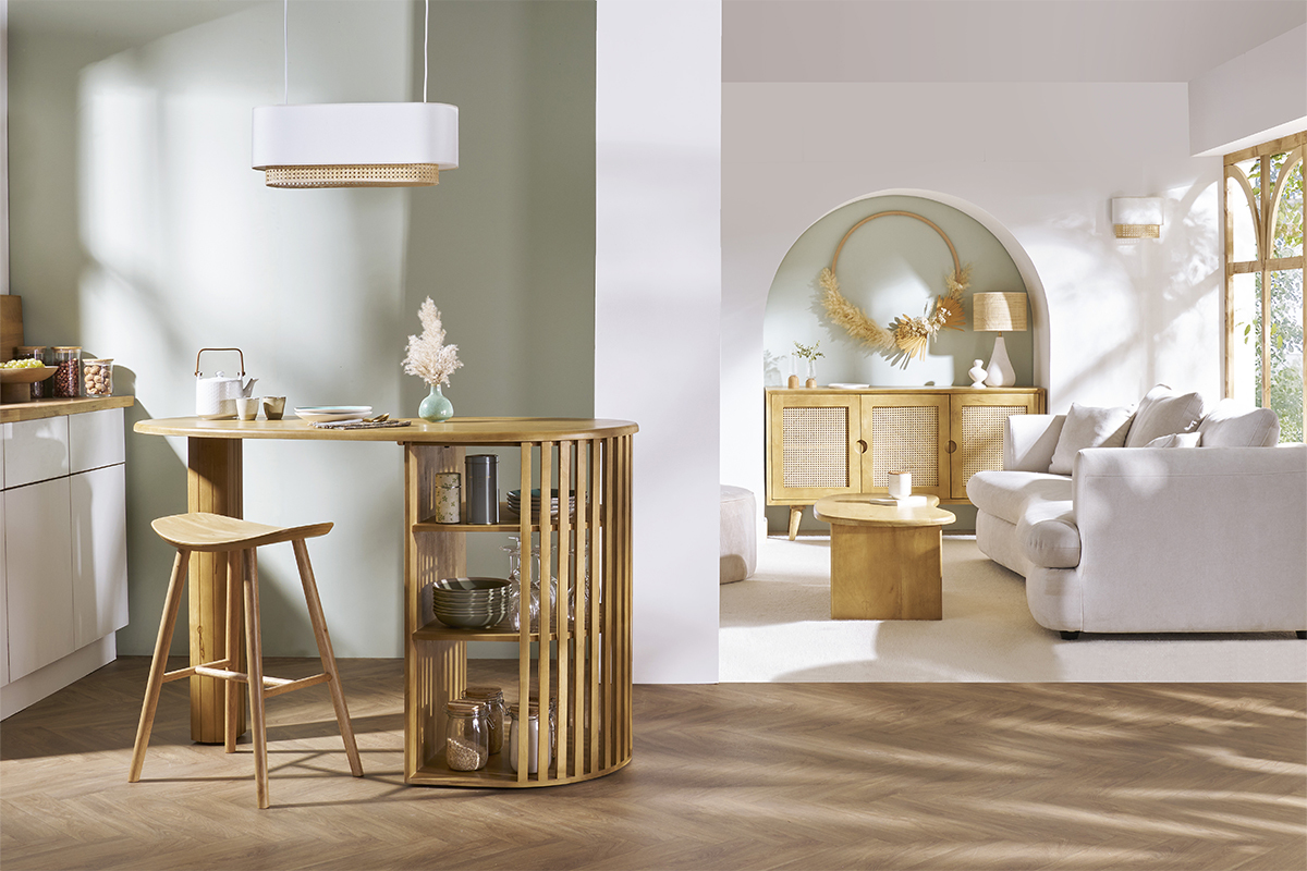 Ilot - table de bar avec rangements en bois clair manguier massif H90 cm LOBIO