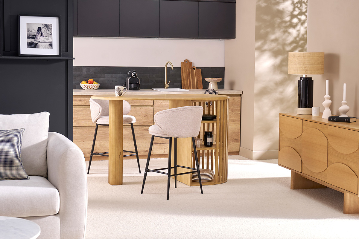 Ilot - table de bar avec rangements en bois clair manguier massif H90 cm LOBIO