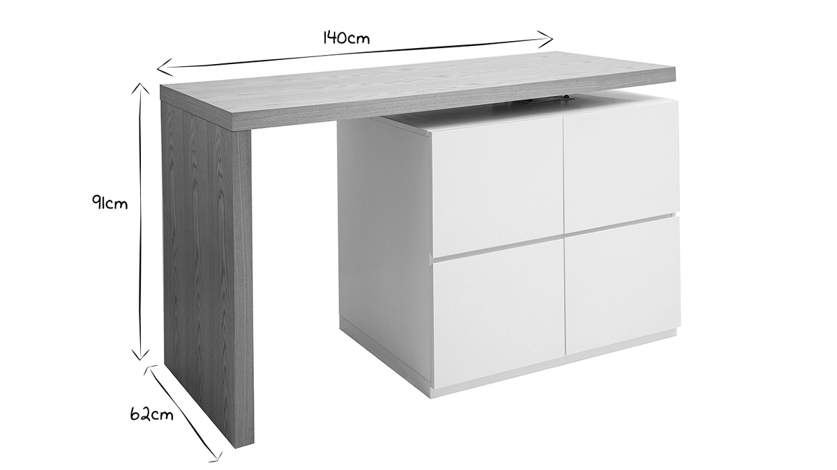 lot - table de bar modulable avec rangement blanc mat et bois clair chne L140-165 cm MAX