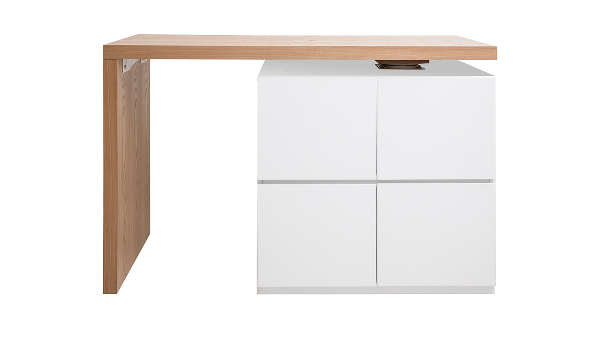 lot - table de bar modulable avec rangement blanc mat et bois clair chne L140-165 cm MAX