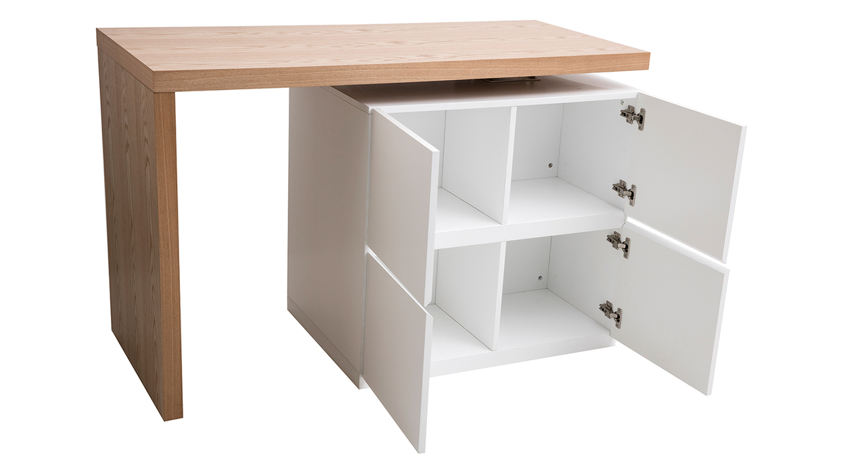 lot - table de bar modulable avec rangement blanc mat et bois clair chne L140-165 cm MAX