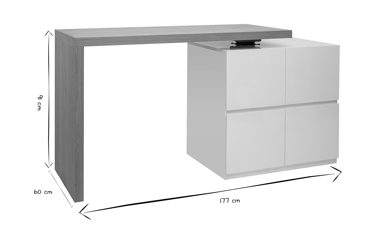 lot - table de bar modulable avec rangement blanc mat et bois clair chne L140-165 cm MAX