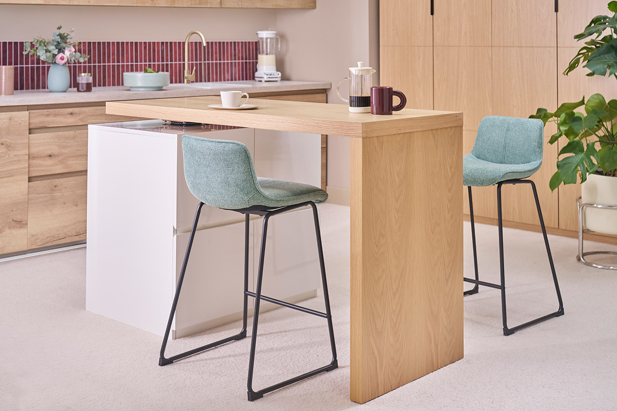 �lot - table de bar modulable avec rangement blanc mat et bois clair ch�ne L140-165 cm MAX