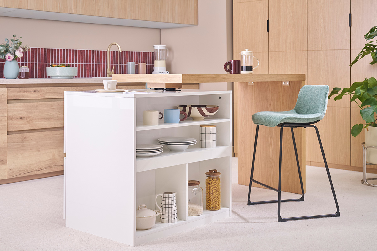 �lot - table de bar modulable avec rangement blanc mat et bois clair ch�ne L140-165 cm MAX