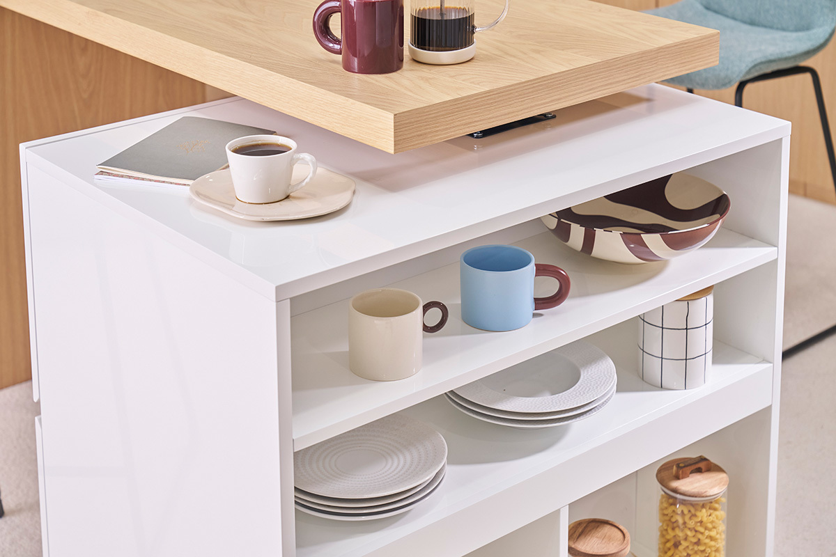 �lot - table de bar modulable avec rangement blanc mat et bois clair ch�ne L140-165 cm MAX