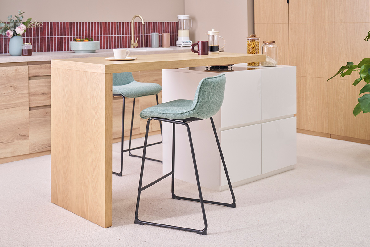 �lot - table de bar modulable avec rangement blanc mat et bois clair ch�ne L140-165 cm MAX