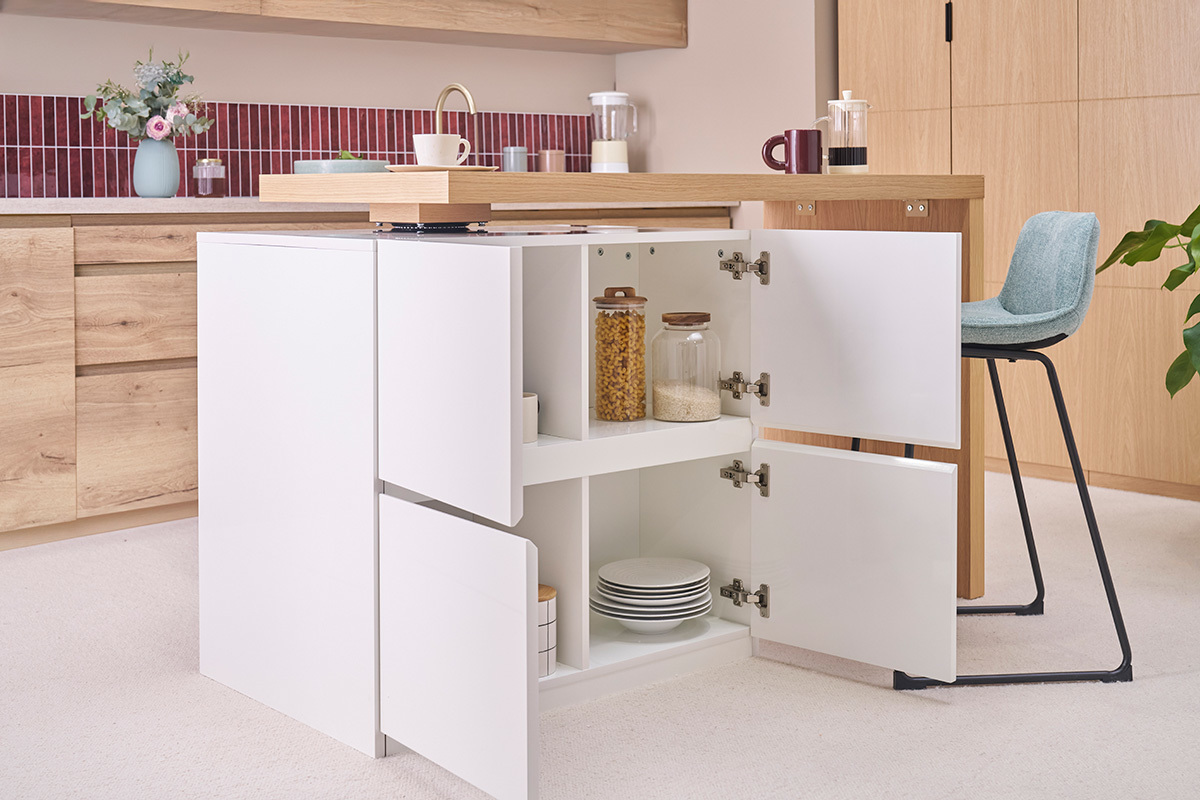 �lot - table de bar modulable avec rangement blanc mat et bois clair ch�ne L140-165 cm MAX