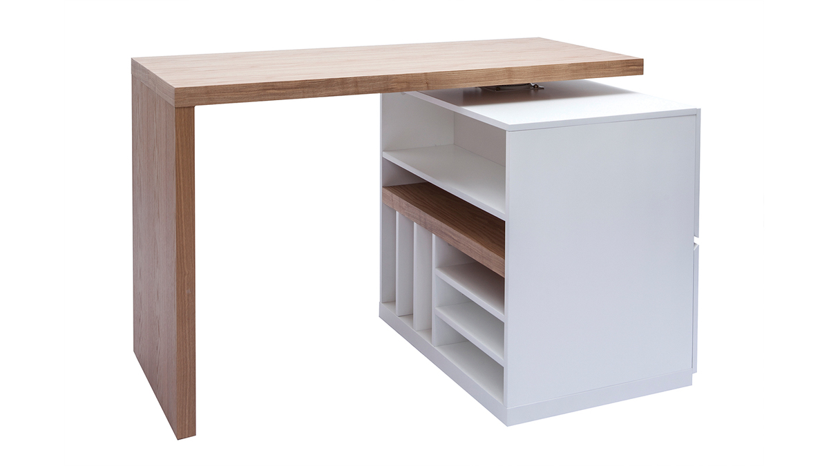 lot - table de bar modulable avec rangement blanc mat et bois clair chne L140-165 cm MAX