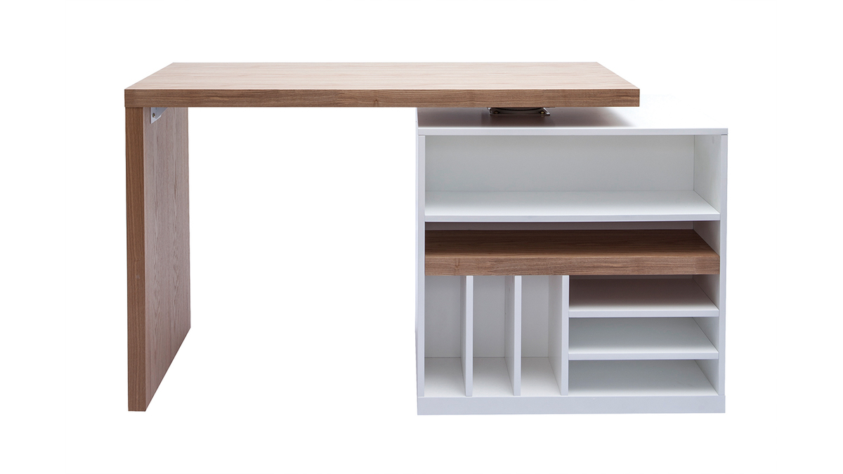 lot - table de bar modulable avec rangement blanc mat et bois clair chne L140-165 cm MAX
