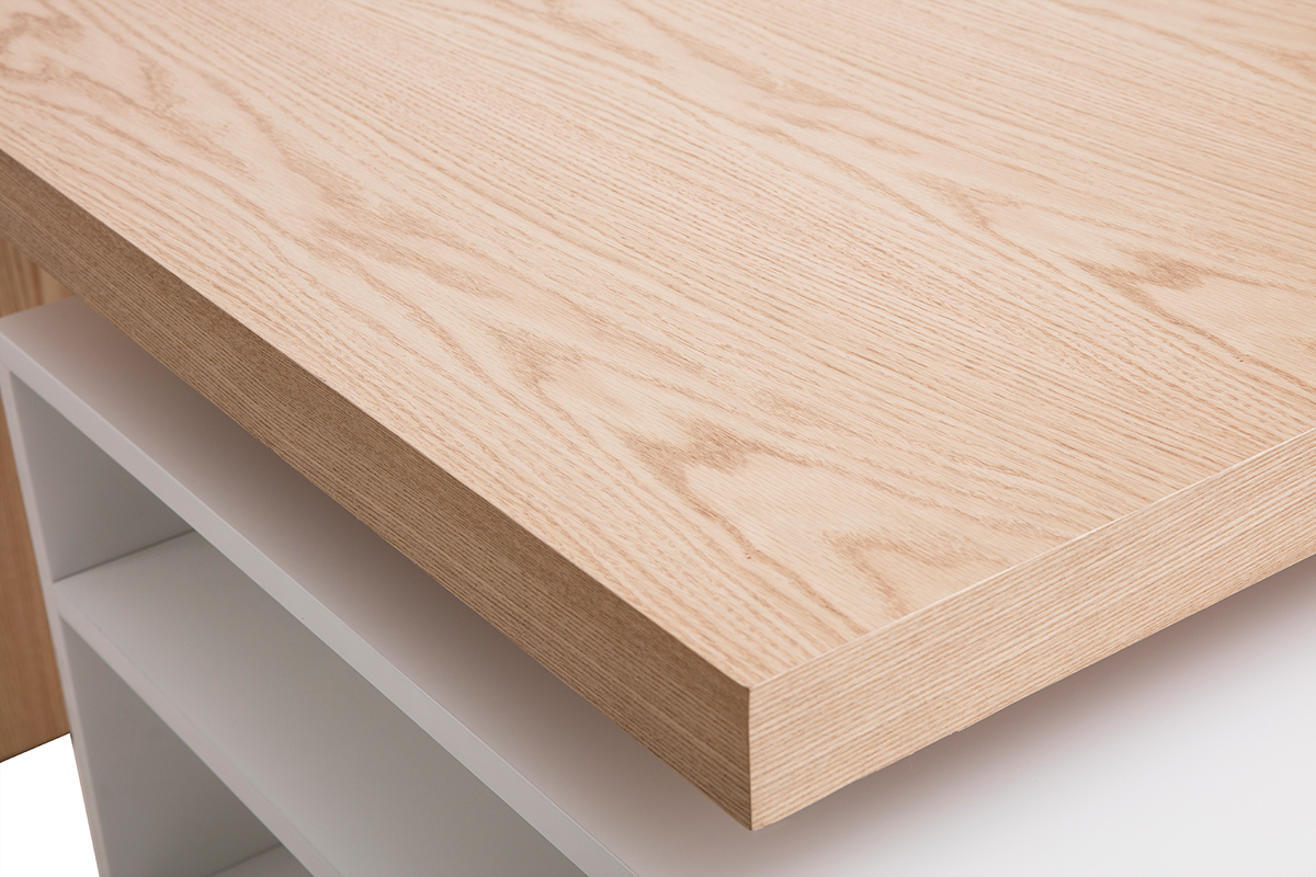 �lot - table de bar modulable avec rangement blanc mat et bois clair ch�ne L140-177 cm MAX