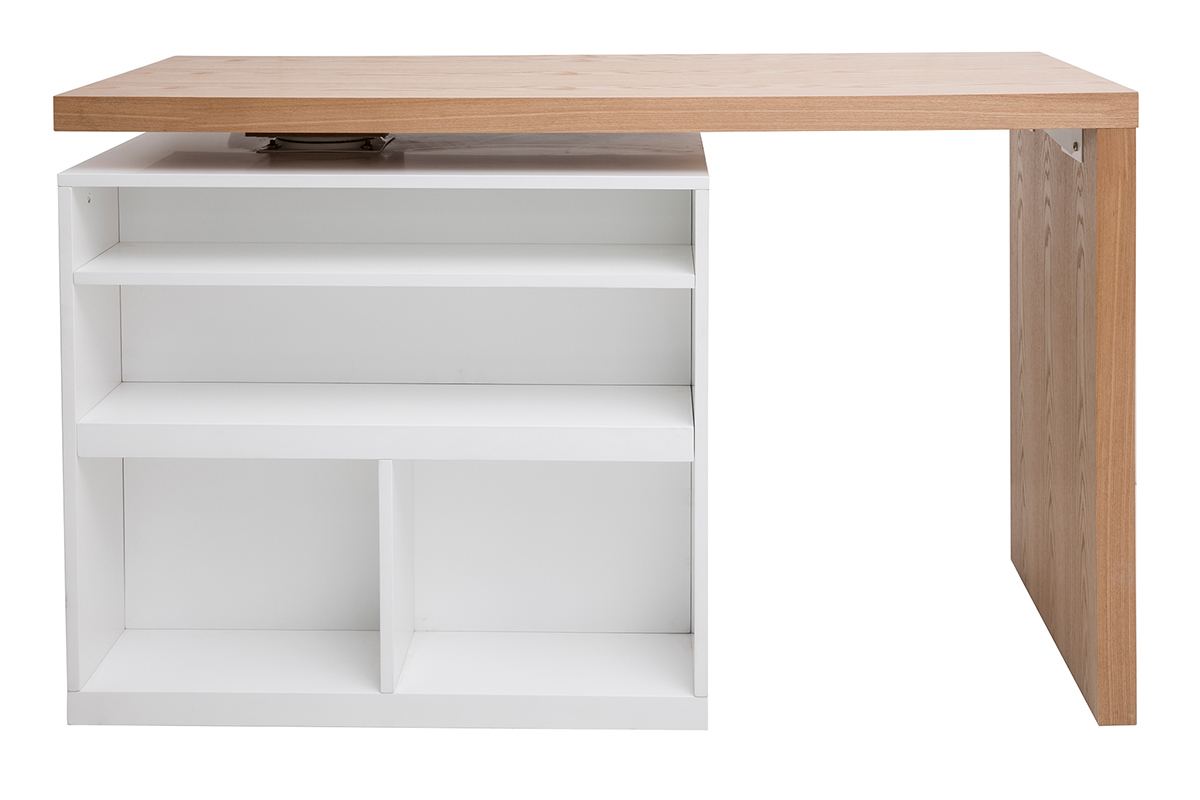 �lot - table de bar modulable avec rangement blanc mat et bois clair ch�ne L140-177 cm MAX