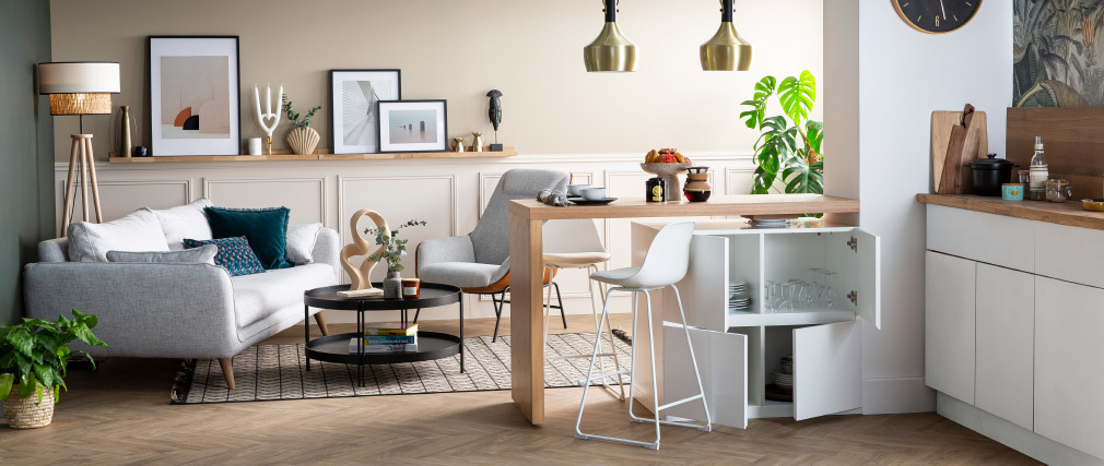 �lot - table de bar modulable avec rangement blanc mat et ch�ne H91 cm MAX