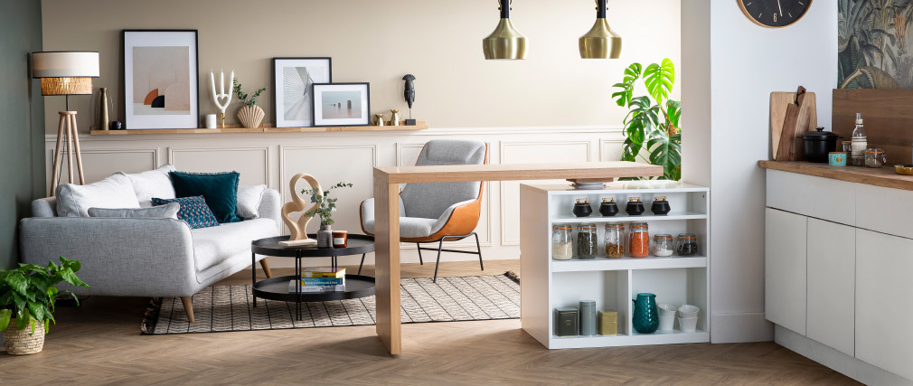 �lot - table de bar modulable avec rangement blanc mat et ch�ne H91 cm MAX