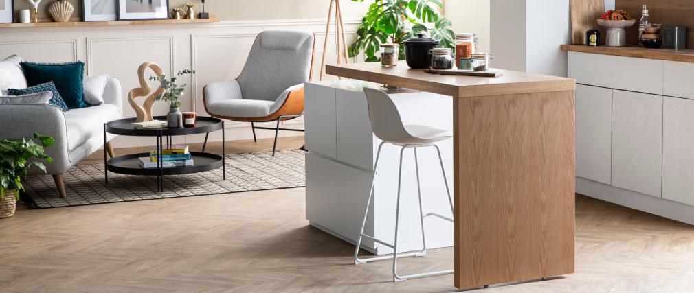 �lot - table de bar modulable avec rangement blanc mat et ch�ne H91 cm MAX