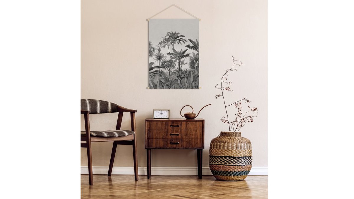 Kakmono tableau en toile suspendue fort tropicale noir et blanc L40 x H60 cm BORNEO