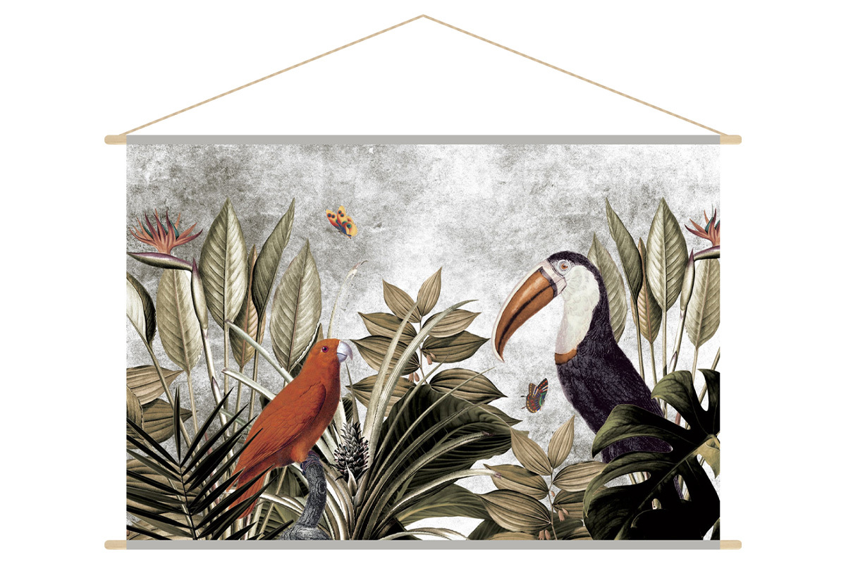 Kakemono tableau en toile suspendue jungle et oiseaux tropicaux L150 x H100 cm PASSARO