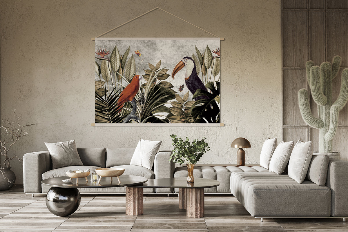 Kakemono tableau en toile suspendue jungle et oiseaux tropicaux L150 x H100 cm PASSARO