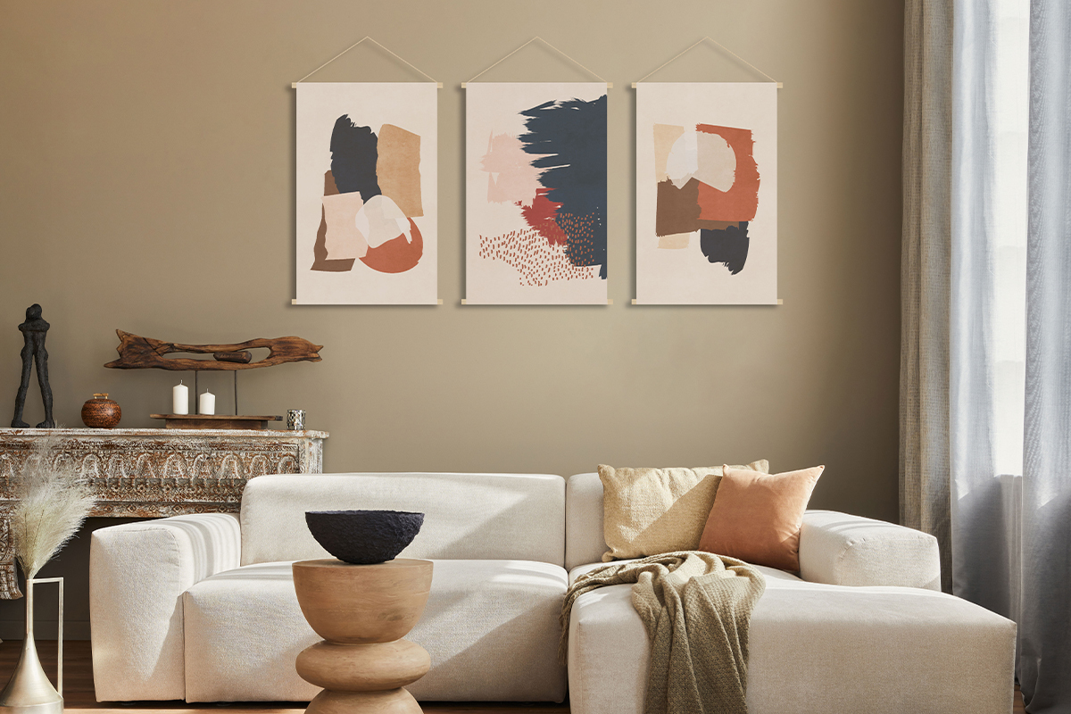 Kakémono tableau en toile suspendue motif abstrait sur fond beige L40 x H60 cm SAFI