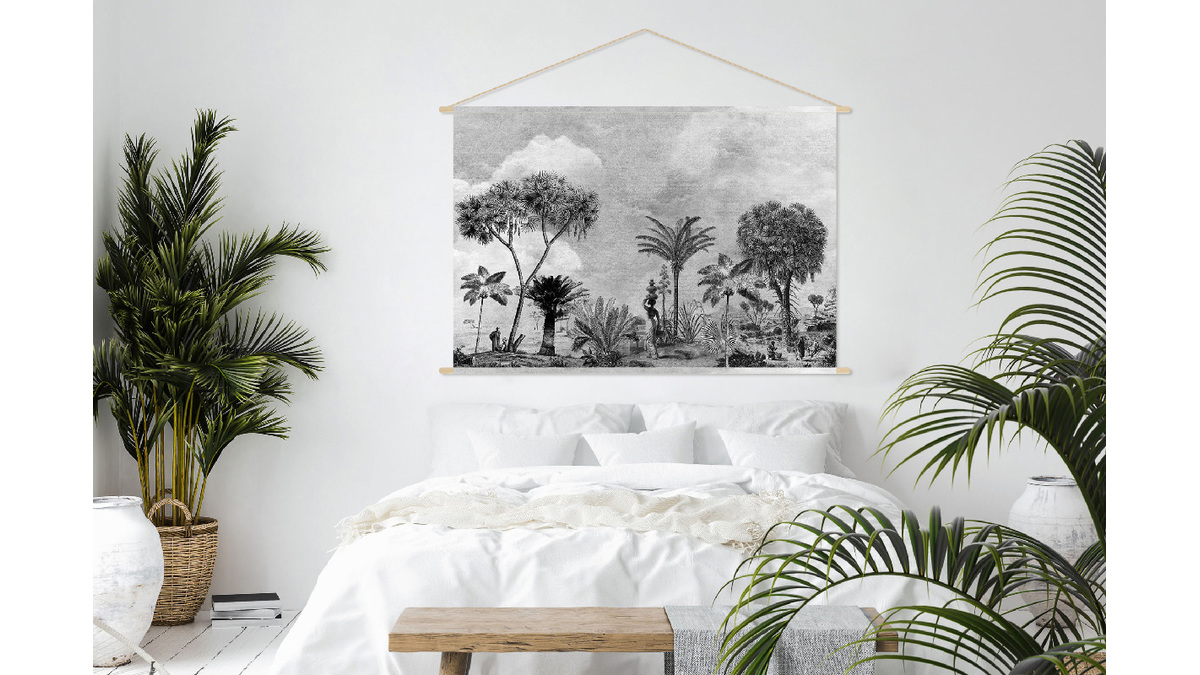 Kakemono tableau en toile suspendue village ethnique tropical noir et blanc L150 x H100 cm BAMAKO