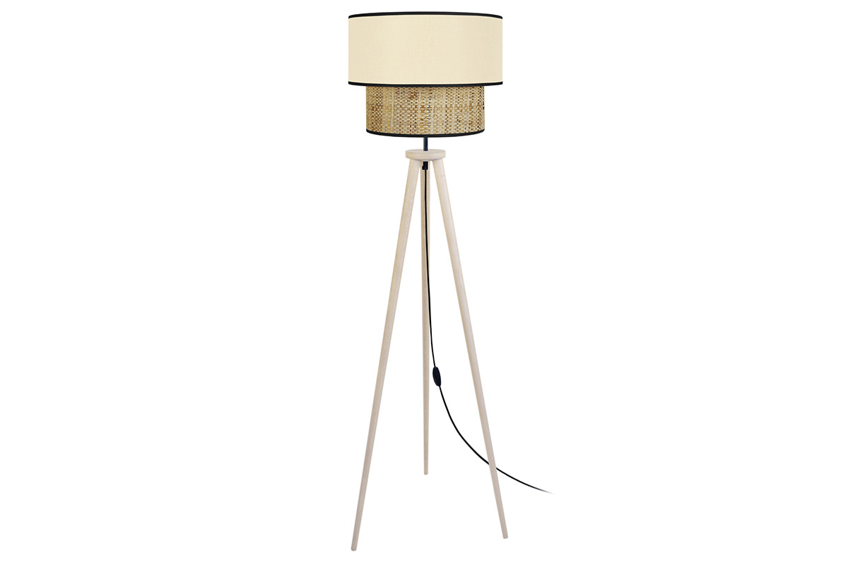 Lampadaire avec abat-jour bi-matire en jute naturel, tissu beige naturel et bois clair massif H162 cm CHILL