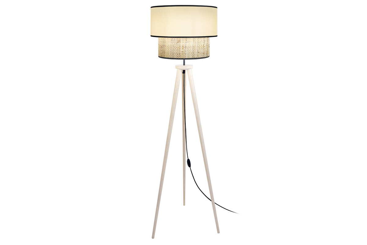 Lampadaire avec abat-jour bi-matire en jute naturel, tissu beige naturel et bois clair massif H162 cm CHILL
