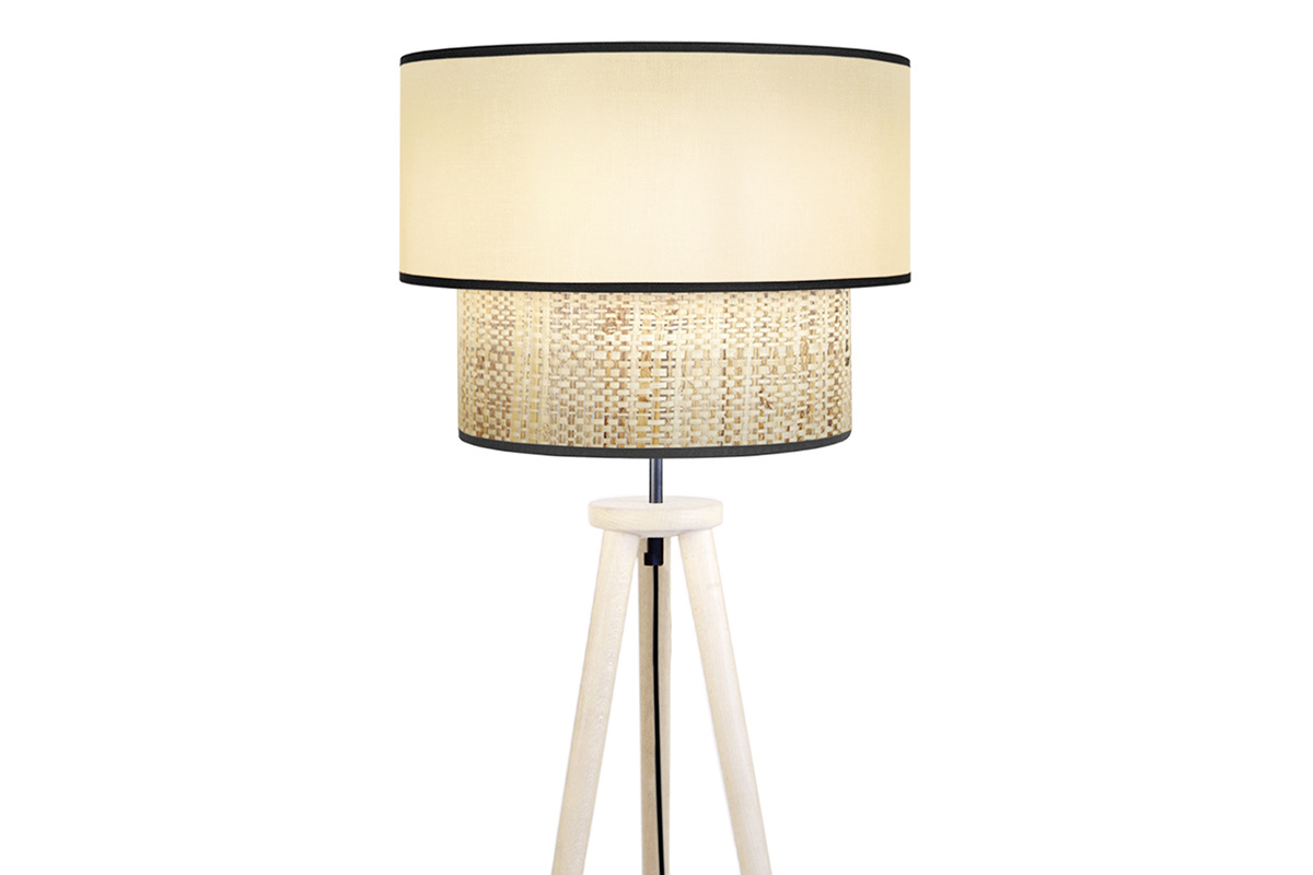 Lampadaire avec abat-jour bi-matire en jute naturel, tissu beige naturel et bois clair massif H162 cm CHILL
