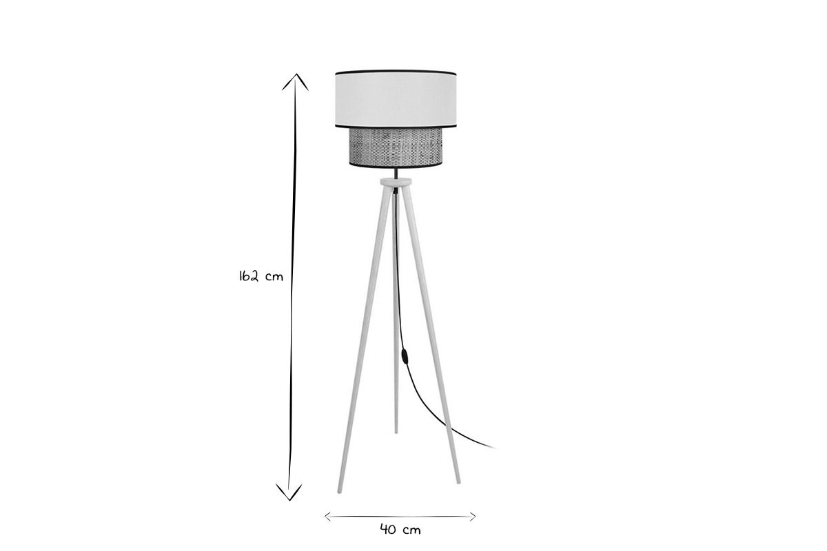 Lampadaire avec abat-jour bi-matire en jute naturel, tissu beige naturel et bois clair massif H162 cm CHILL