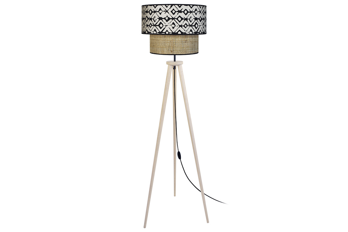 Lampadaire avec abat-jour bi-matire en jute naturel, tissu imprim noir et beige et bois clair massif H162 cm ZAZA