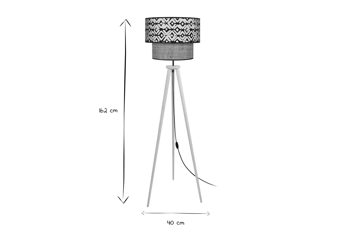 Lampadaire avec abat-jour bi-matire en jute naturel, tissu imprim noir et beige et bois clair massif H162 cm ZAZA