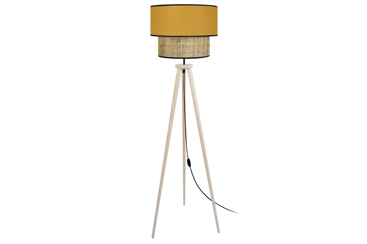 Lampadaire avec abat-jour bi-matire en jute naturel, tissu jaune moutarde et bois clair massif H162 cm CHILL