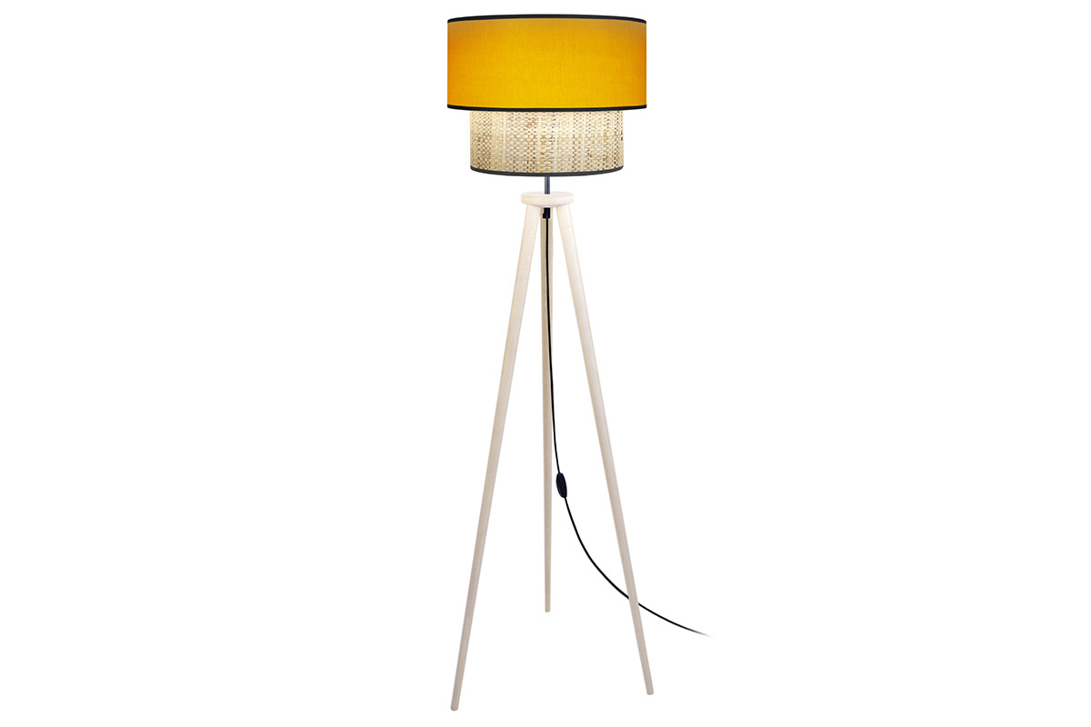 Lampadaire avec abat-jour bi-matire en jute naturel, tissu jaune moutarde et bois clair massif H162 cm CHILL