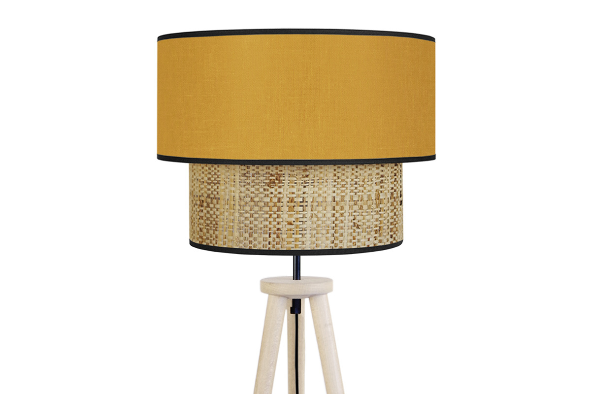 Lampadaire avec abat-jour bi-matire en jute naturel, tissu jaune moutarde et bois clair massif H162 cm CHILL
