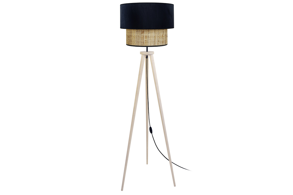 Lampadaire avec abat-jour bi-matière en jute naturel, velours noir et bois clair massif H162 cm CHILL