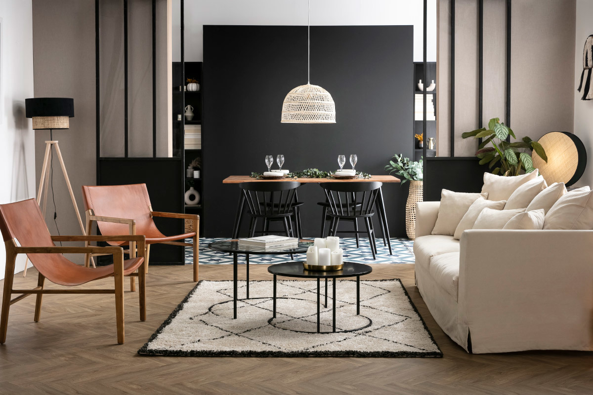 Lampadaire avec abat-jour bi-matière en jute naturel, velours noir et bois clair massif H162 cm CHILL