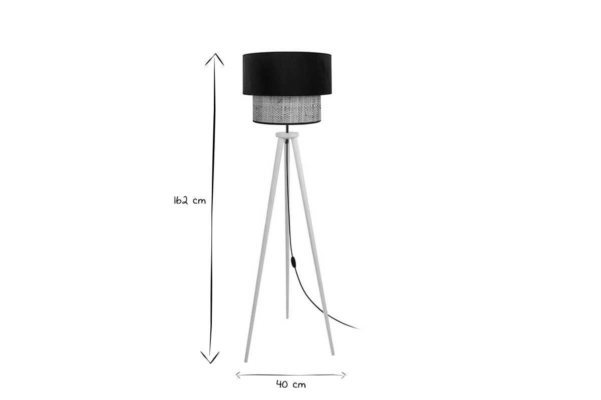 Lampadaire avec abat-jour bi-matière en jute naturel, velours noir et bois clair massif H162 cm CHILL
