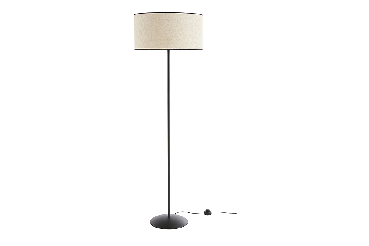 Lampadaire avec abat-jour en papier tiss naturel et mtal noir H160 cm ZETA