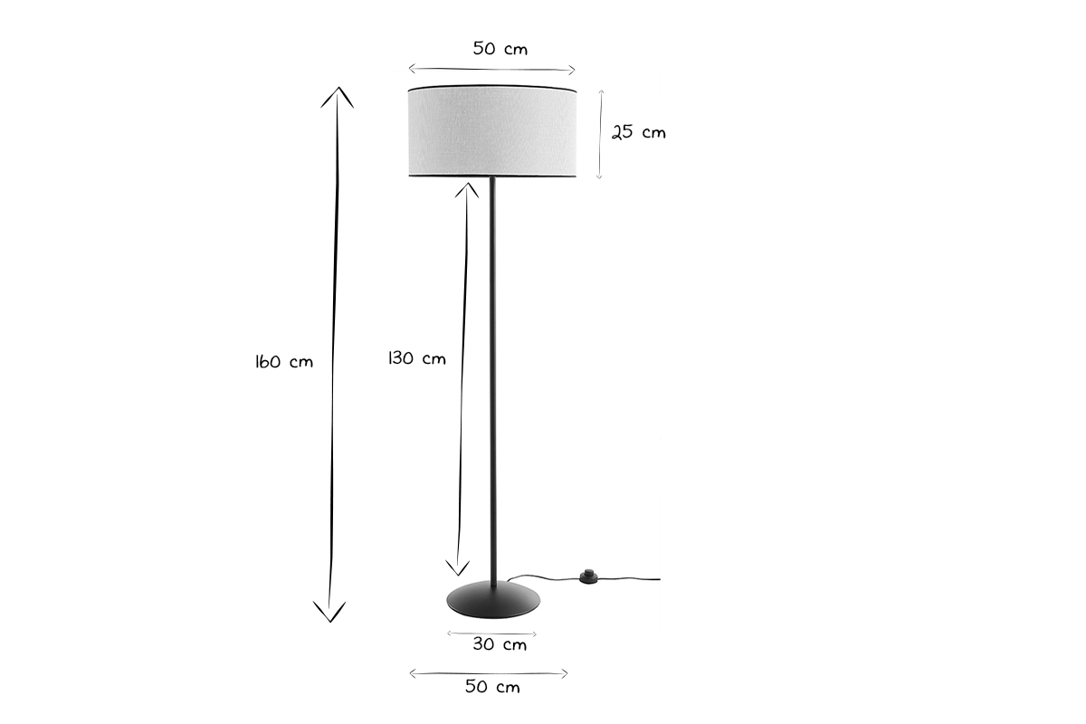 Lampadaire avec abat-jour en papier tiss naturel et mtal noir H160 cm ZETA