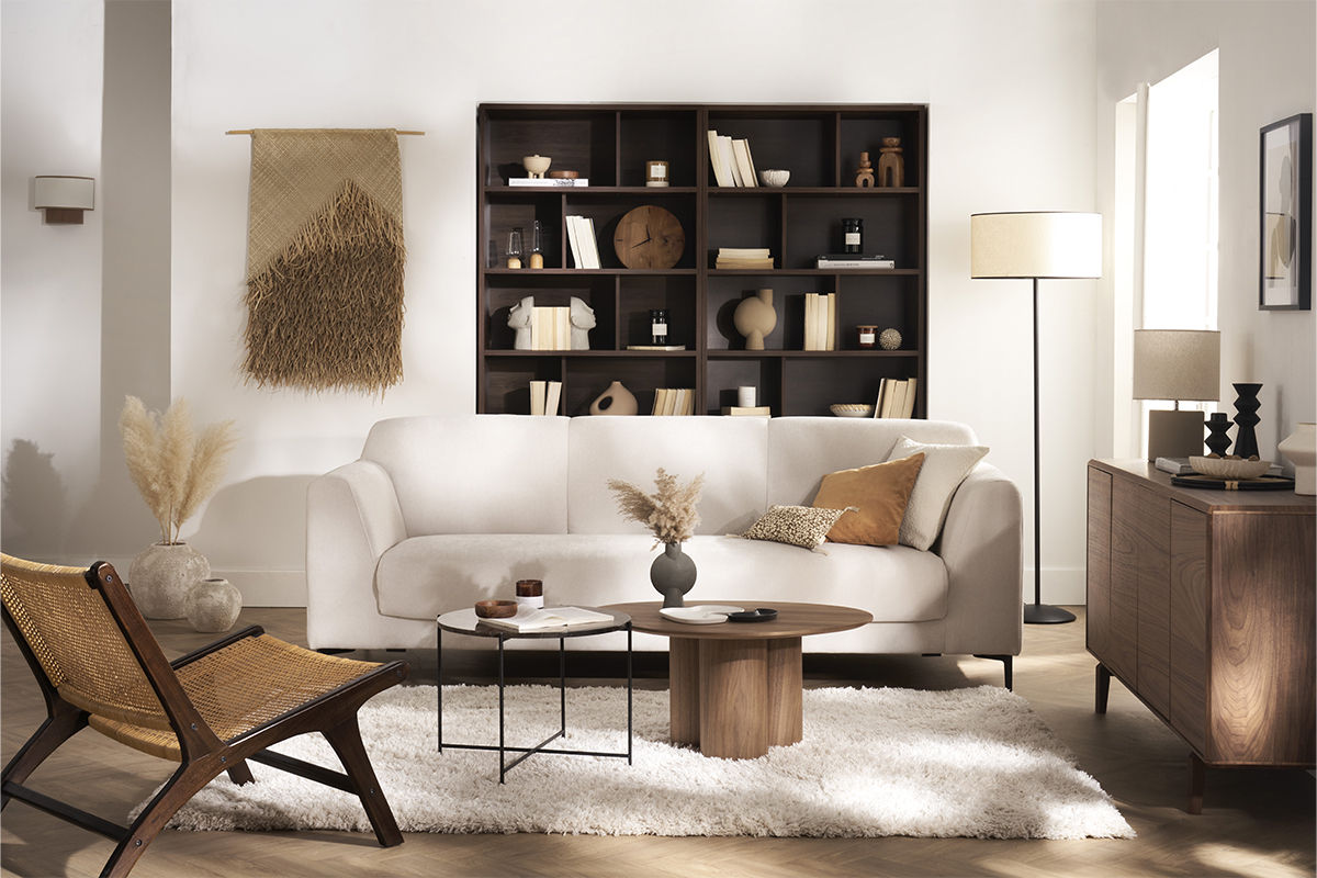Lampadaire avec abat-jour en papier tiss naturel et mtal noir H160 cm ZETA