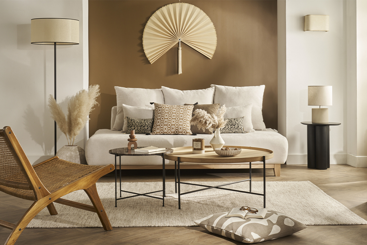 Lampadaire avec abat-jour en papier tiss naturel et mtal noir H160 cm ZETA