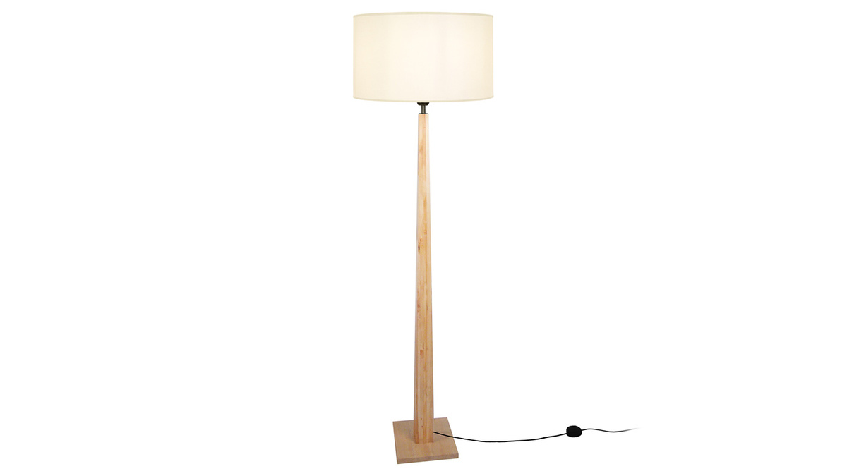 Lampadaire avec abat-jour en tissu cru naturel et bois clair massif H162 cm NIDRA