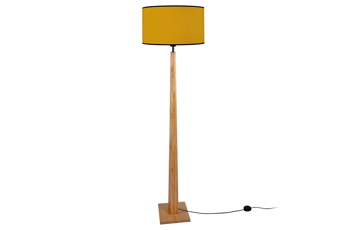 Lampadaire avec abat-jour en tissu jaune moutarde et bois clair massif H162 cm NIDRA
