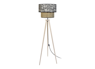 Lampadaire bimati&egrave;re jute et tissu imprim&eacute; noir et beige ZAZA