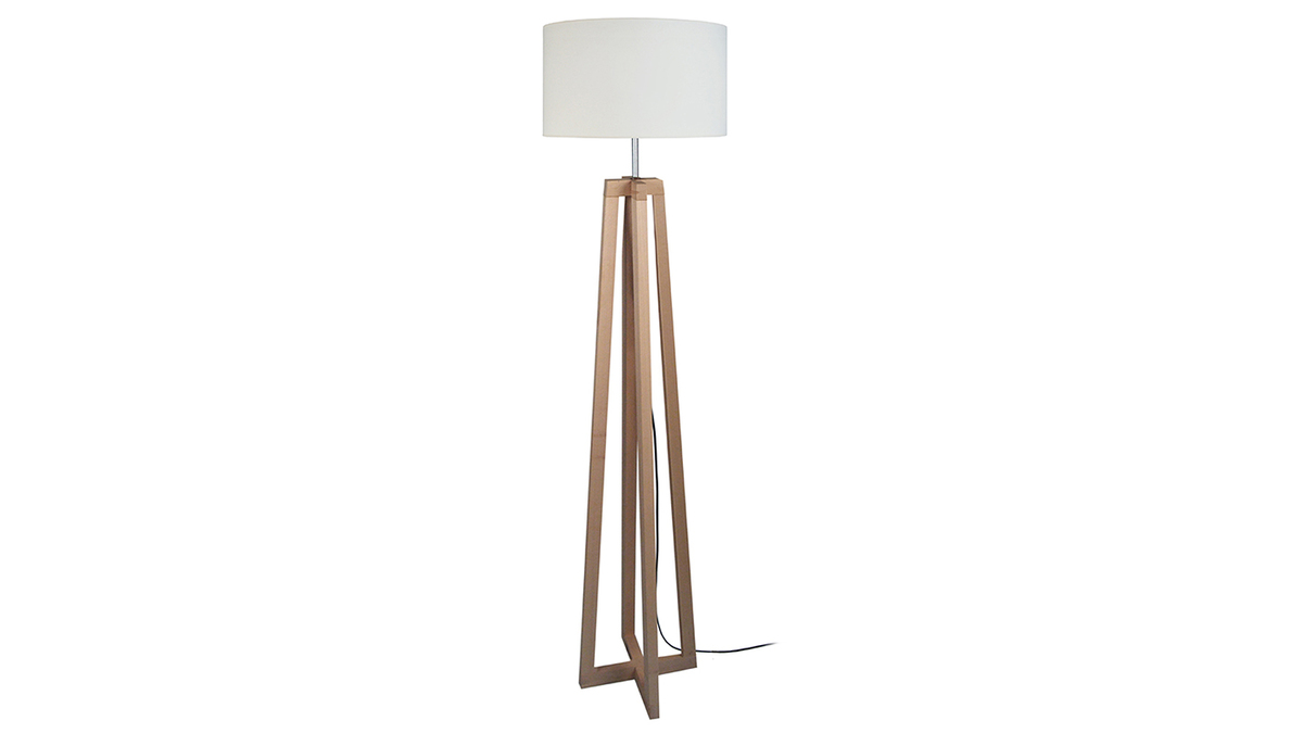 Lampadaire design avec abat-jour en tissu blanc et bois clair massif H150 cm MANON