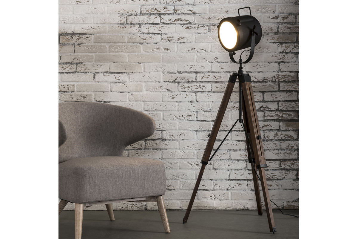 Lampadaire industriel trpied bois et mtal noir STUDIO