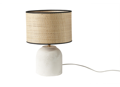 Lampe à poser blanche en céramique effet pierre et abat-jour en raphia H35 cm ROCHA