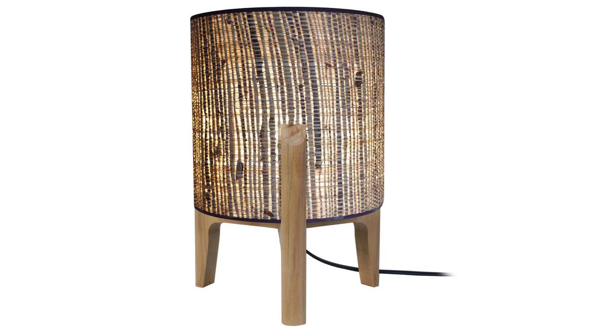 Lampe  poser bohme avec abat-jour en jute et pied en bois H30 cm ALPHA