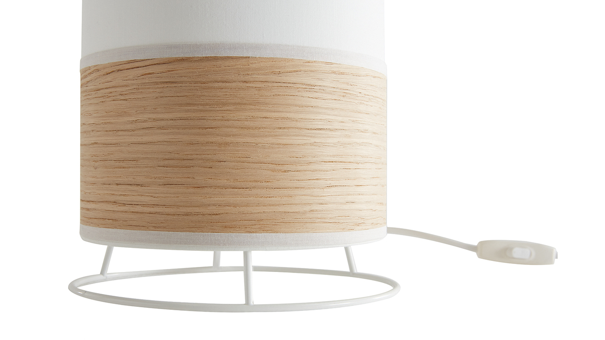 Lampe  poser cylindre en tissu coton blanc cru et feuille de bois chne clair H38 cm SOLAR