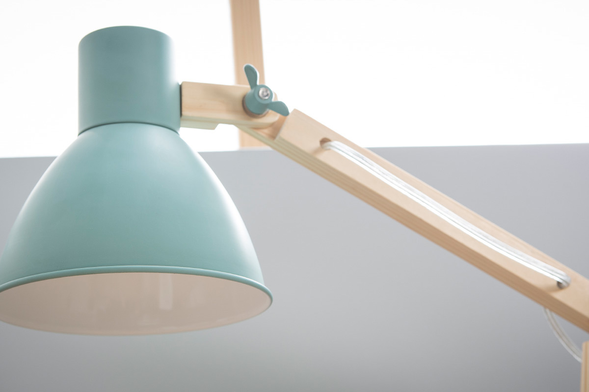 Lampe � poser design bois et m�tal bleu clair PIX