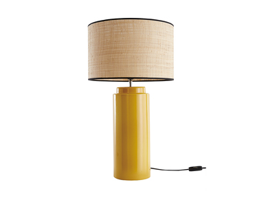 Lampe à poser en céramique émaillée jaune et abat-jour en raphia naturel H64 cm MAJES