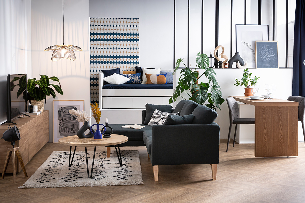 Lampe � poser industrielle tr�pied bois et m�tal STUDIO